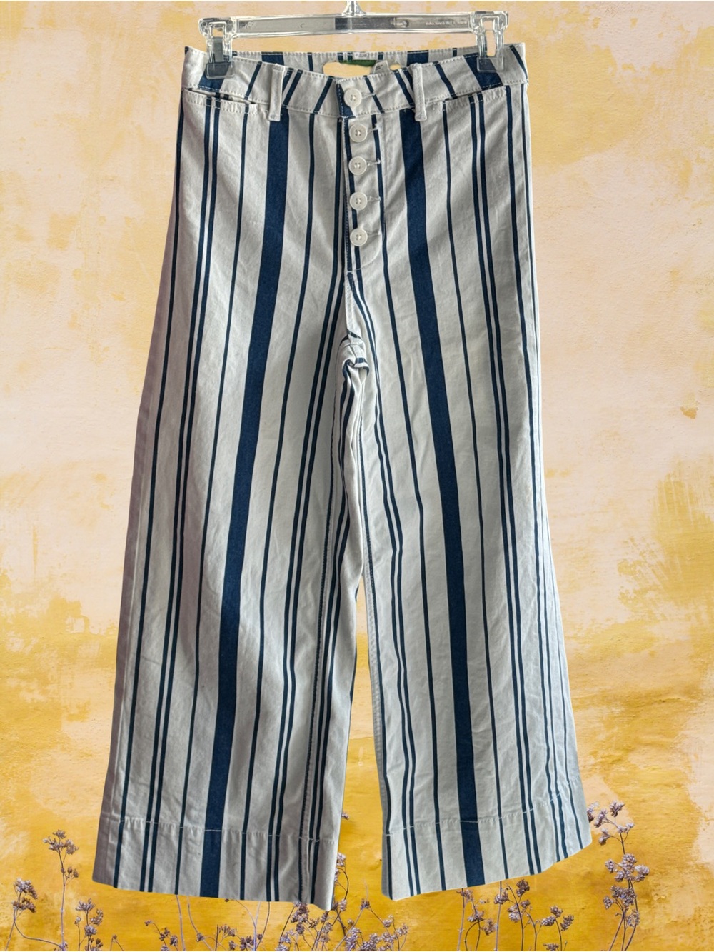 Anthropologie Navy and White Vertical Stripe Wide-Leg Jeans
